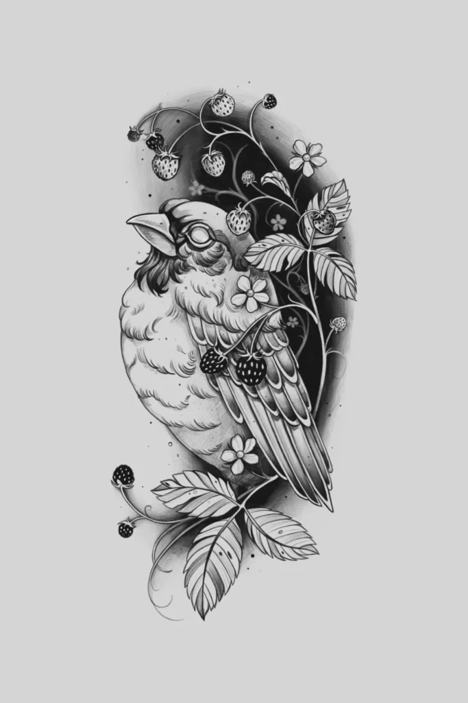žvirblio su žemuogėm tatuiruotės dizainas