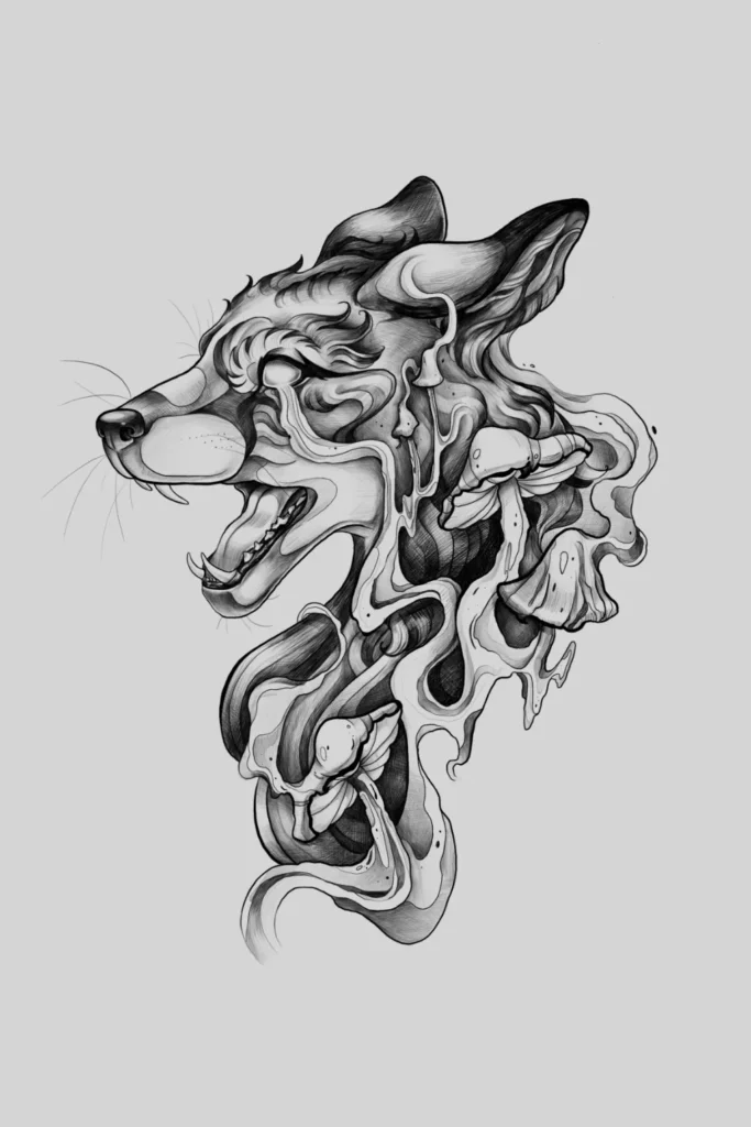 lapė su grybais tatuiruotės dizainas