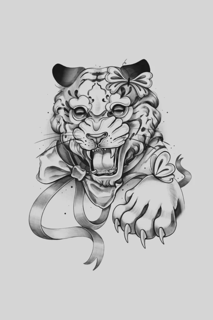 tigras su drugeliais tatuiruotės dizainas