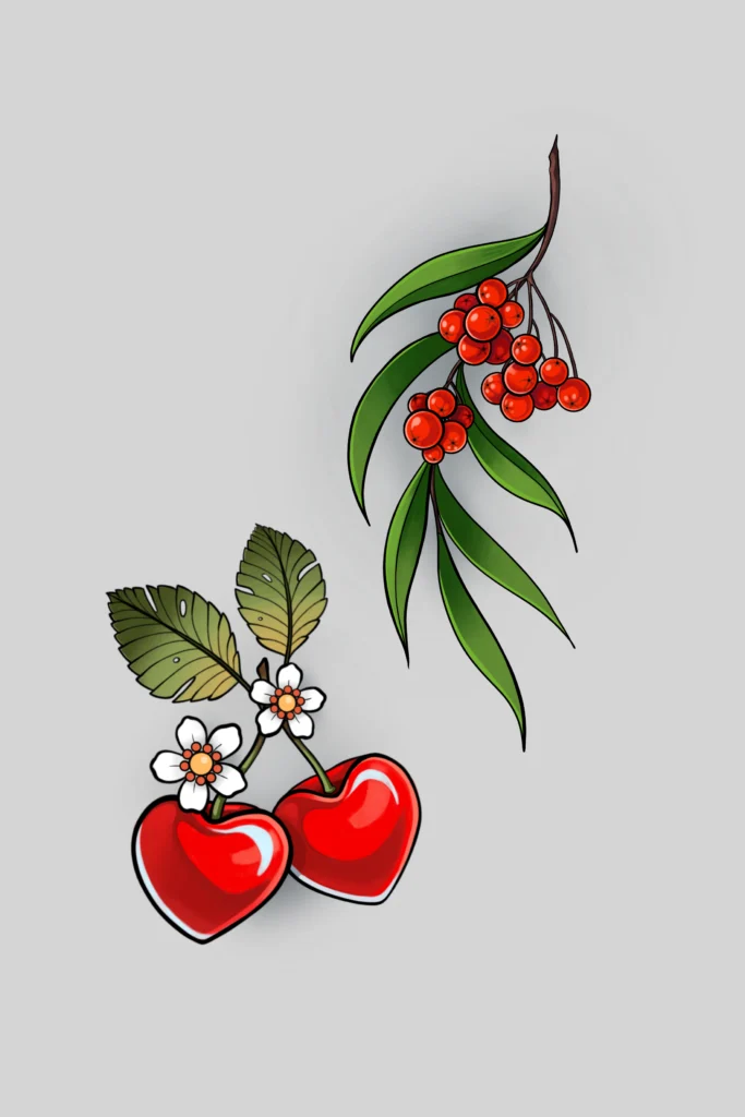 vyšnia ir šermukšnis tatuiruotės dizainai