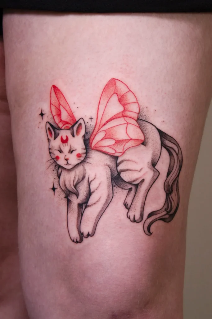 Katinas su raudonais sparnais tatuiruotė