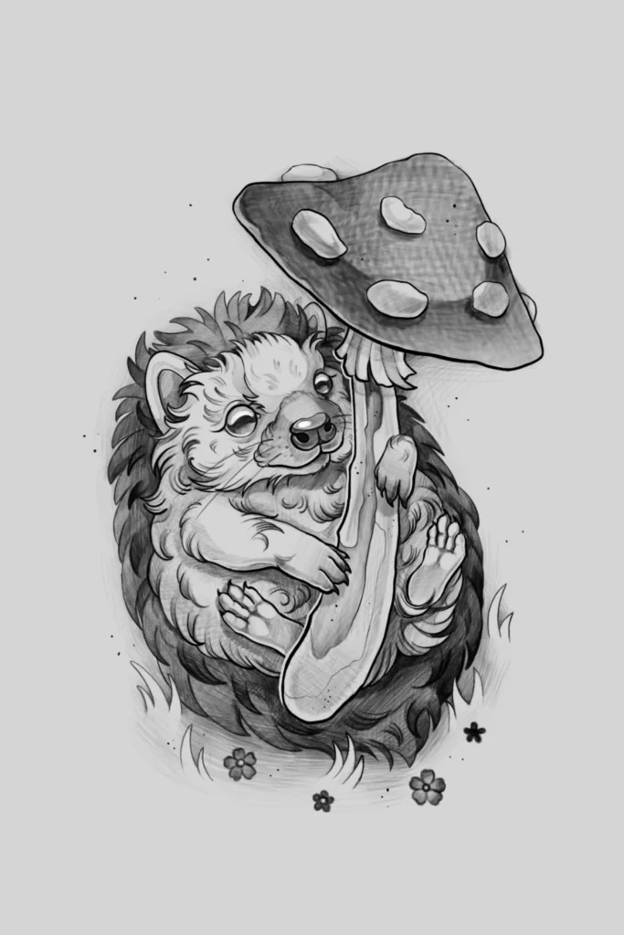 Ežiuko su grybu tatuiruotės dizainas, tatuiruotės Kaune, tatuiruotės idėjos