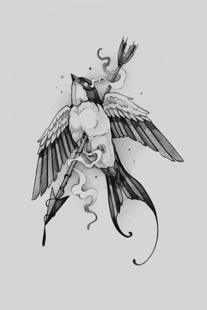 Kregždutės su strėle tatuiruotės dizainas, tatuiruotės Kaune, tatuiruotės idėjos