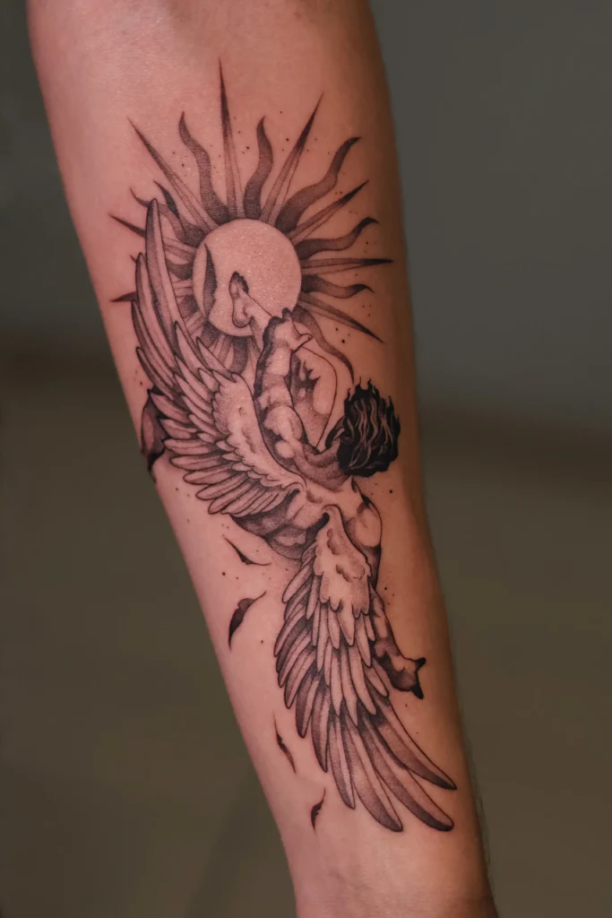 Angelas Ikaras tatuiruotė, Kaunas tattoo, grafinės tatuiruotės Kaune