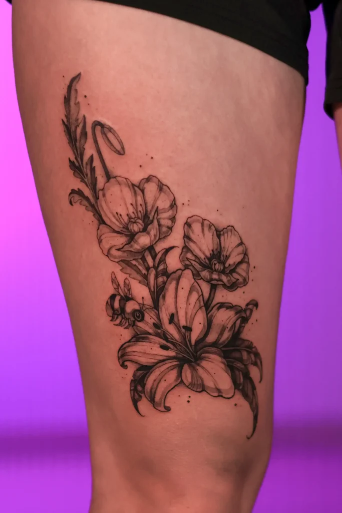 Gėlių tatuiruotės, tatuiruotės Kaune, aguonos ir lelijos tatuiruotė ant šlaunies